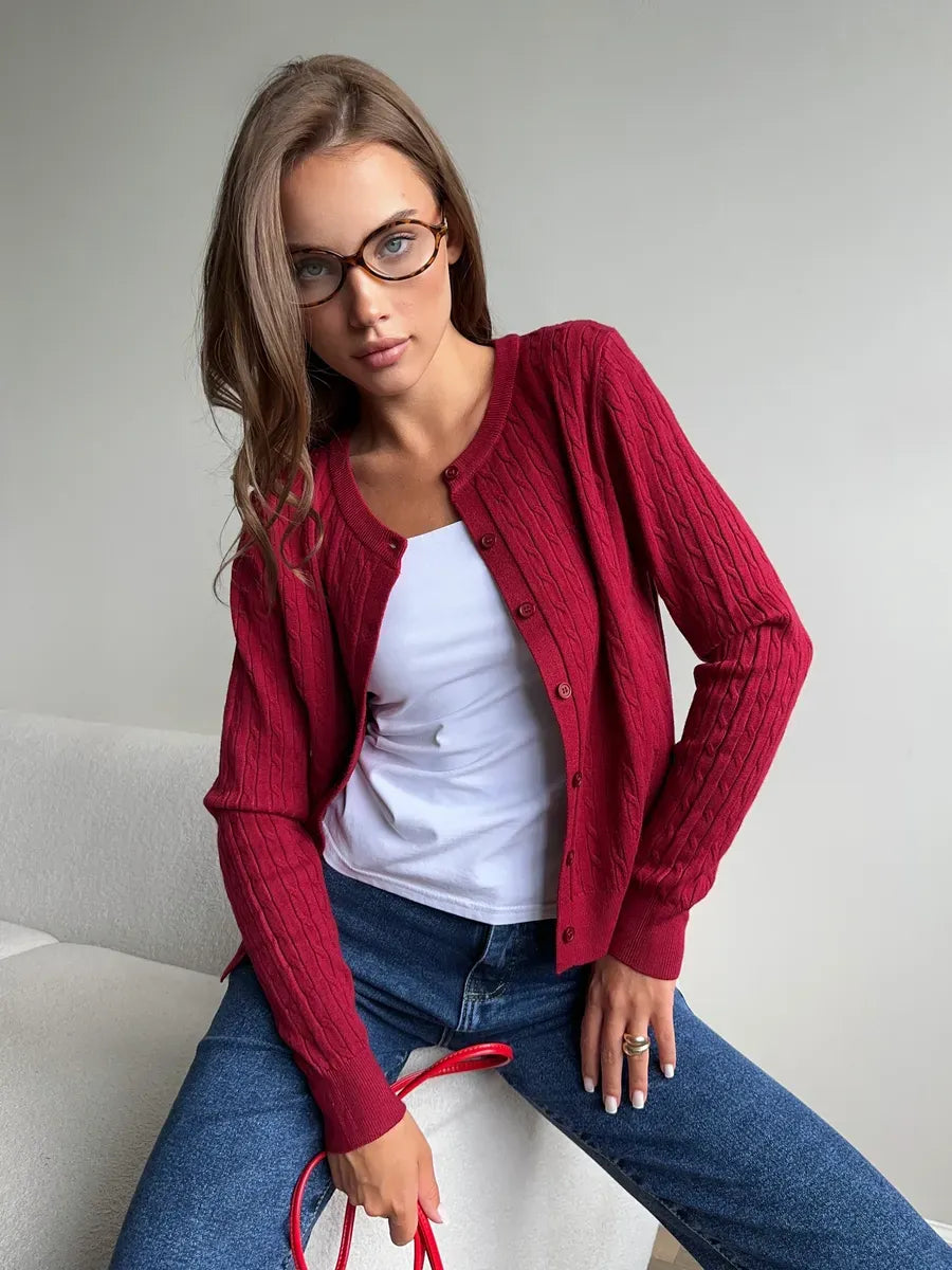 Sienna Cardigan by Lauven: Elegant dark red knit with button detailing, perfect for stylish work or weekend wear.