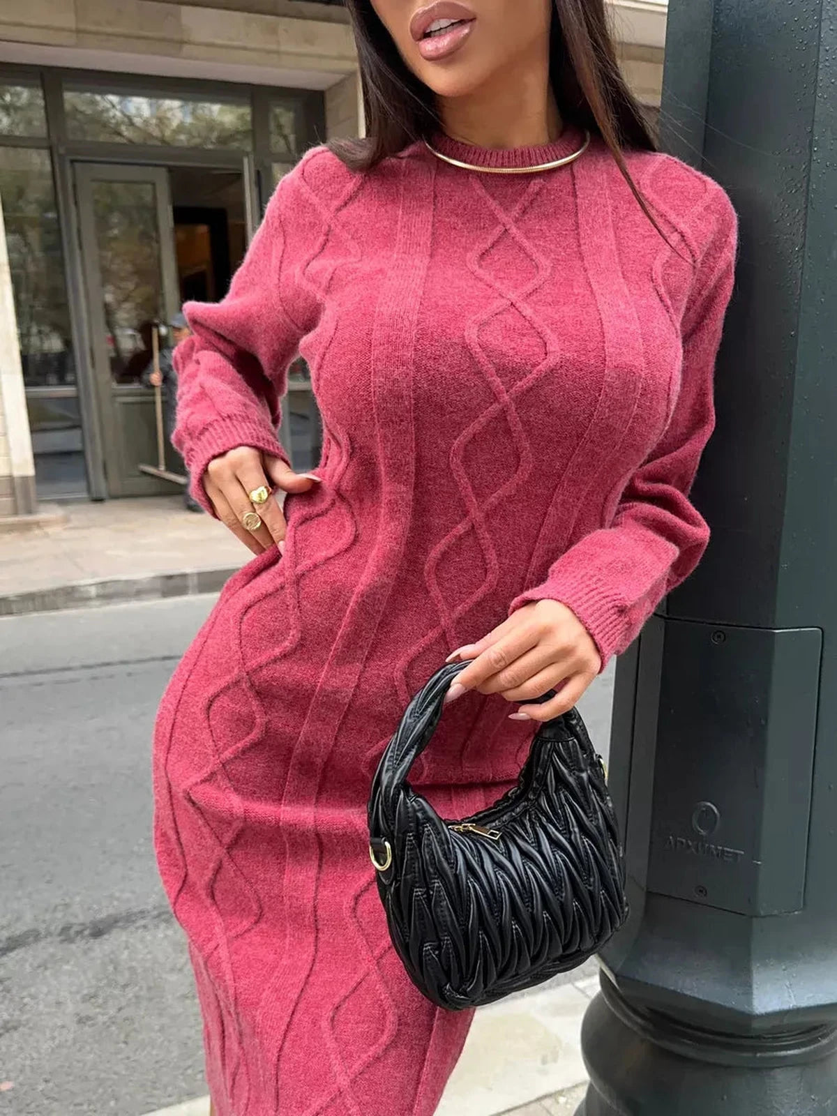 Berry Midi Dress by Lauven - Elegant textured knit dress in rich berry color with stylish handbag.