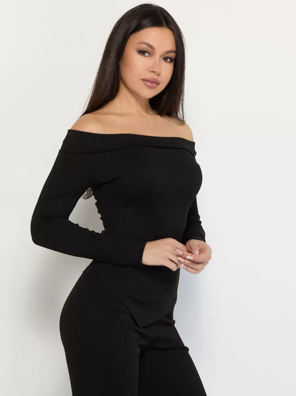 Onyx Two-Piece Set by Lauven - Off-Shoulder Ribbed Women’s Suit showcasing elegance and comfort in black.
