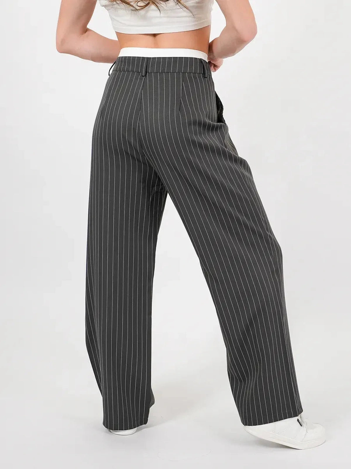 Luna Pants by Lauven - elegant high-waist wide-leg trousers with subtle pinstripe pattern.