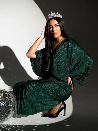 Astra Midi Dress by Lauven, featuring an emerald pleated design with flowing silhouette and elegant V-neckline.