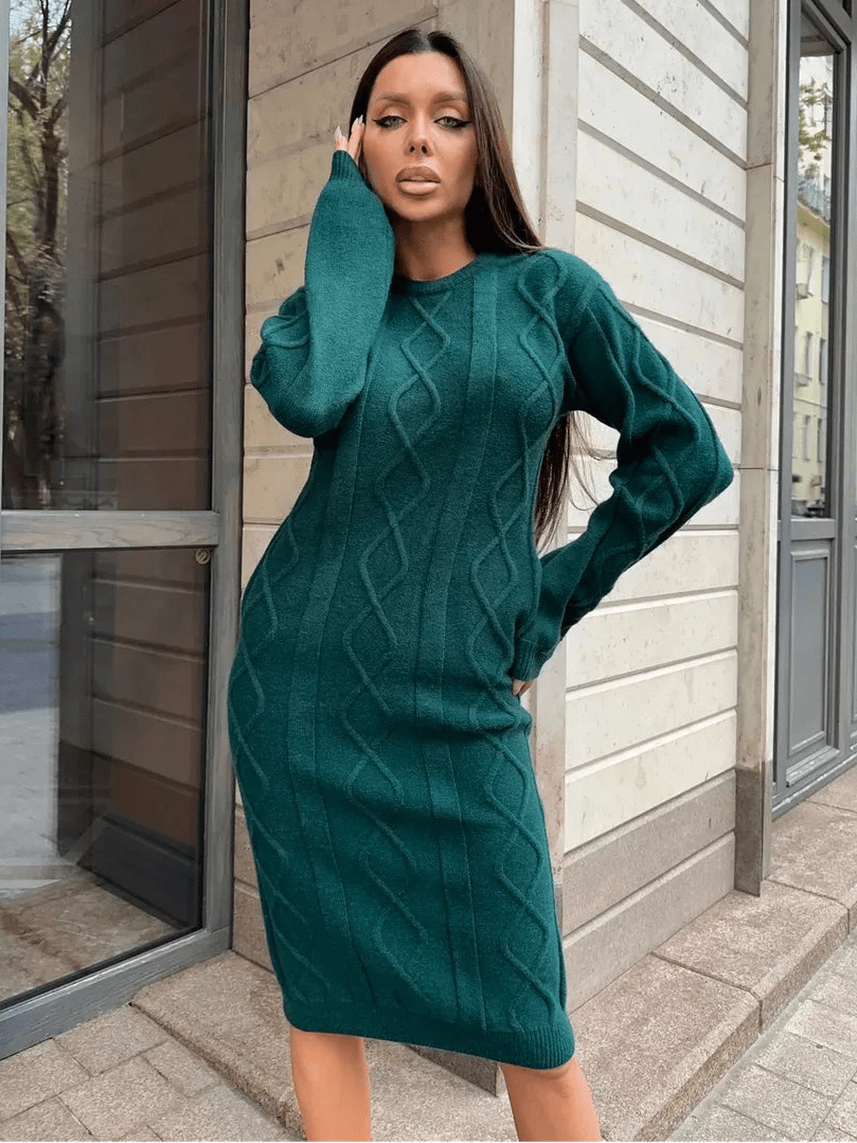 Selene Midi Dress by Lauven – Elegant textured knit sweater dress in emerald green.