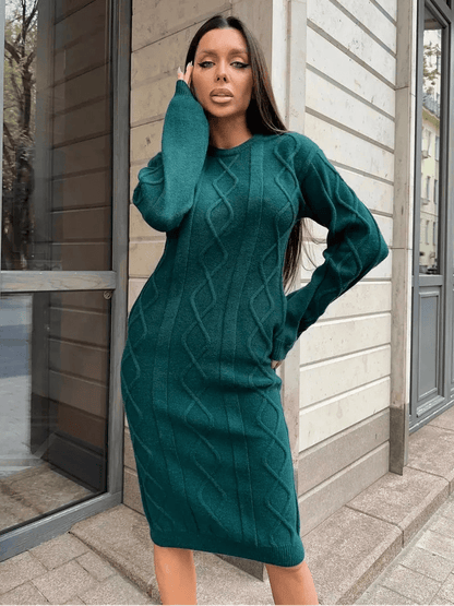 Selene Midi Dress by Lauven – Elegant textured knit sweater dress in emerald green.