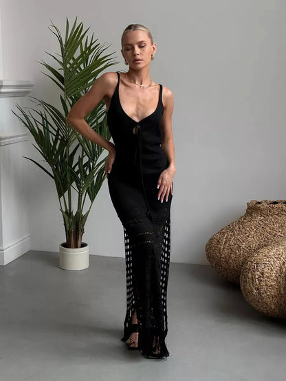 Vespera Maxi Dress by Lauven featuring modern knit texture and dramatic side slit.