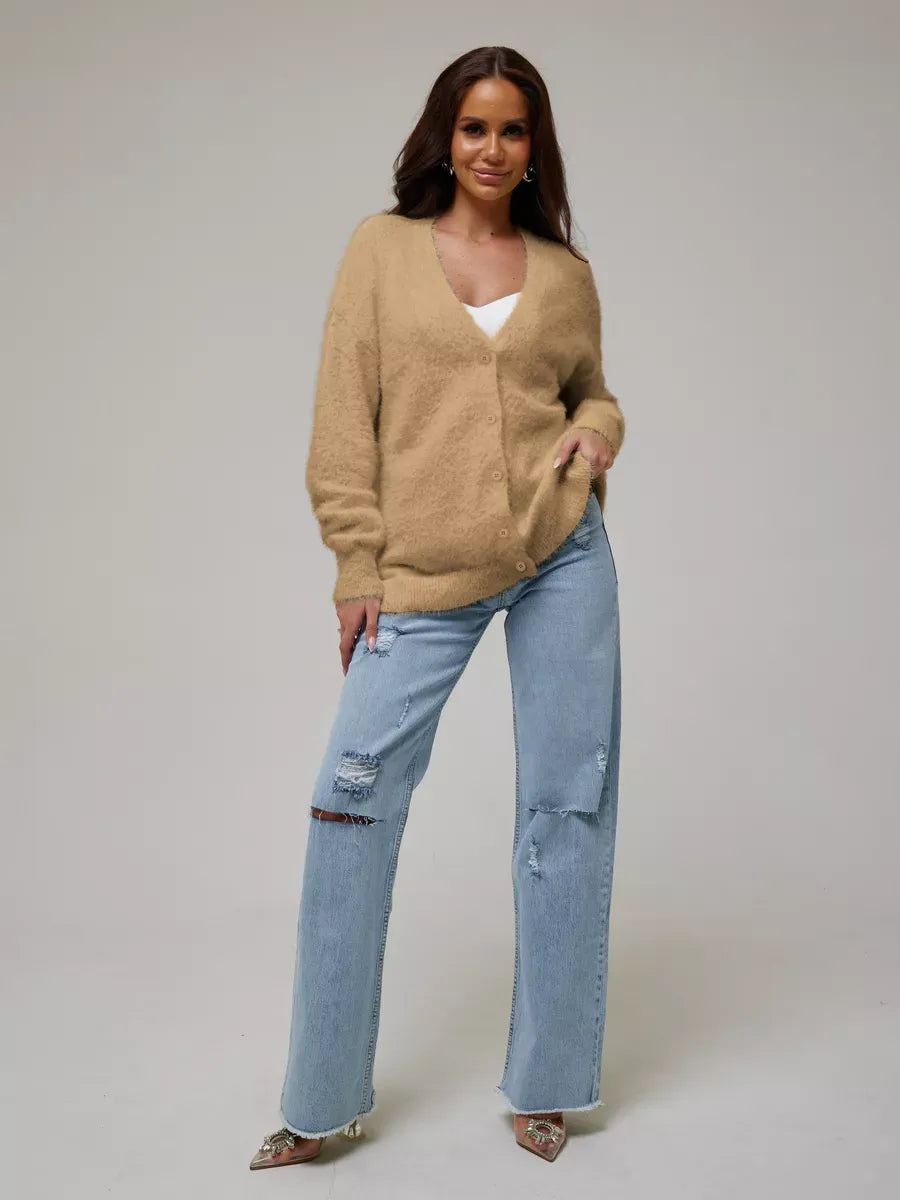 Camelia Cardigan by Lauven — Plush oversized knitwear in beige with button closure, perfect for stylish comfort.