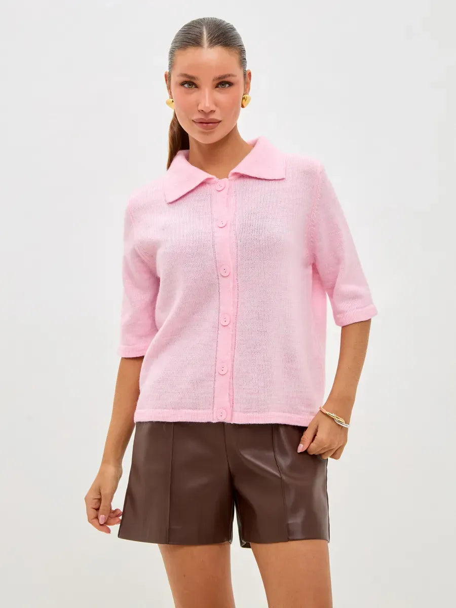 Vera Cardigan from Lauven - Lightweight pink wool blend knitwear with button closure and classic collar.