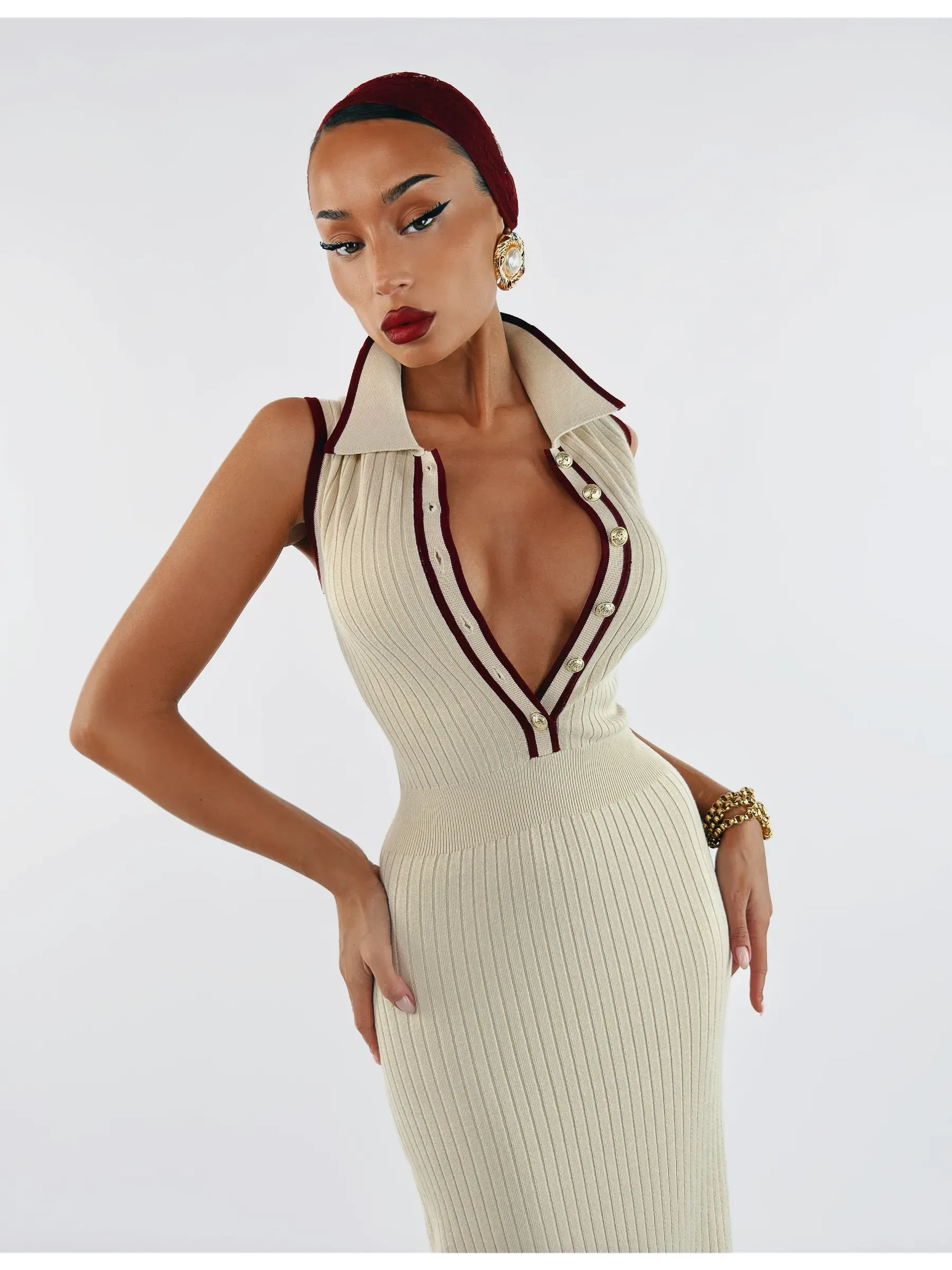 Serena Midi Dress by Lauven - Cream ribbed knit polo dress with burgundy trim and gold-tone buttons.