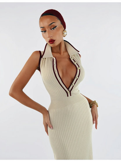 Serena Midi Dress by Lauven - Cream ribbed knit polo dress with burgundy trim and gold-tone buttons.