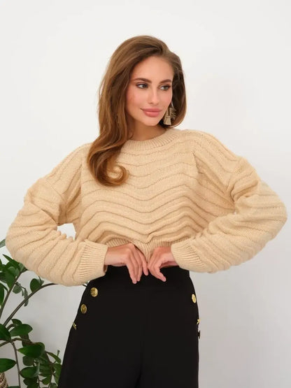 Florence Sweater by Lauven in light beige textured knit, featuring a relaxed fit and modern design for versatile styling.