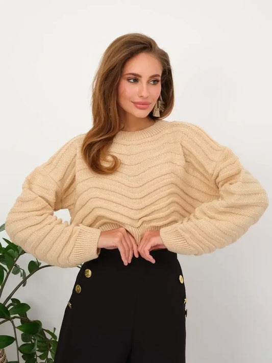 Florence Sweater by Lauven in light beige textured knit, featuring a relaxed fit and modern design for versatile styling.