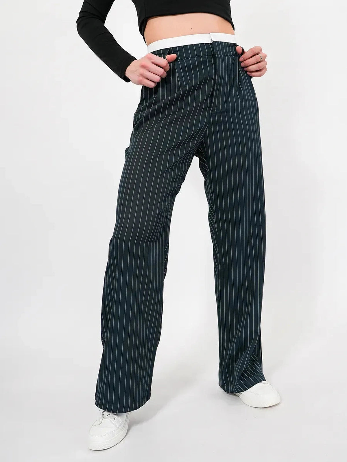 Siri Pants by Lauven, high-waist wide-leg trousers in deep green with pinstripe pattern, stylish and comfortable.