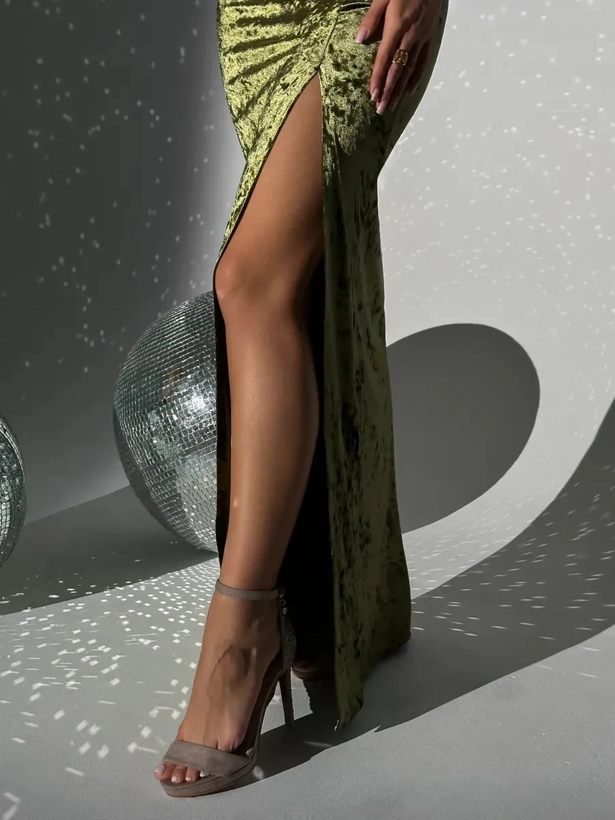 Olivia Maxi Dress by Lauven featuring a high slit and elegant olive velvet design.