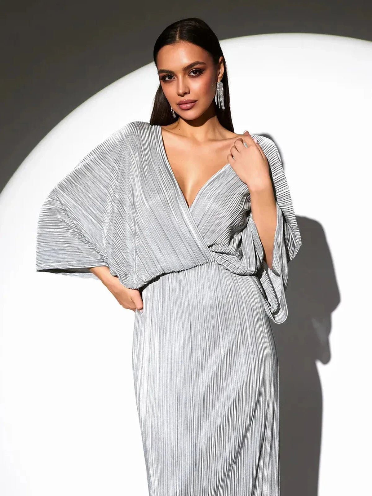 Lunara Midi Dress by Lauven, silver pleated dress with a flowing silhouette and elegant design.