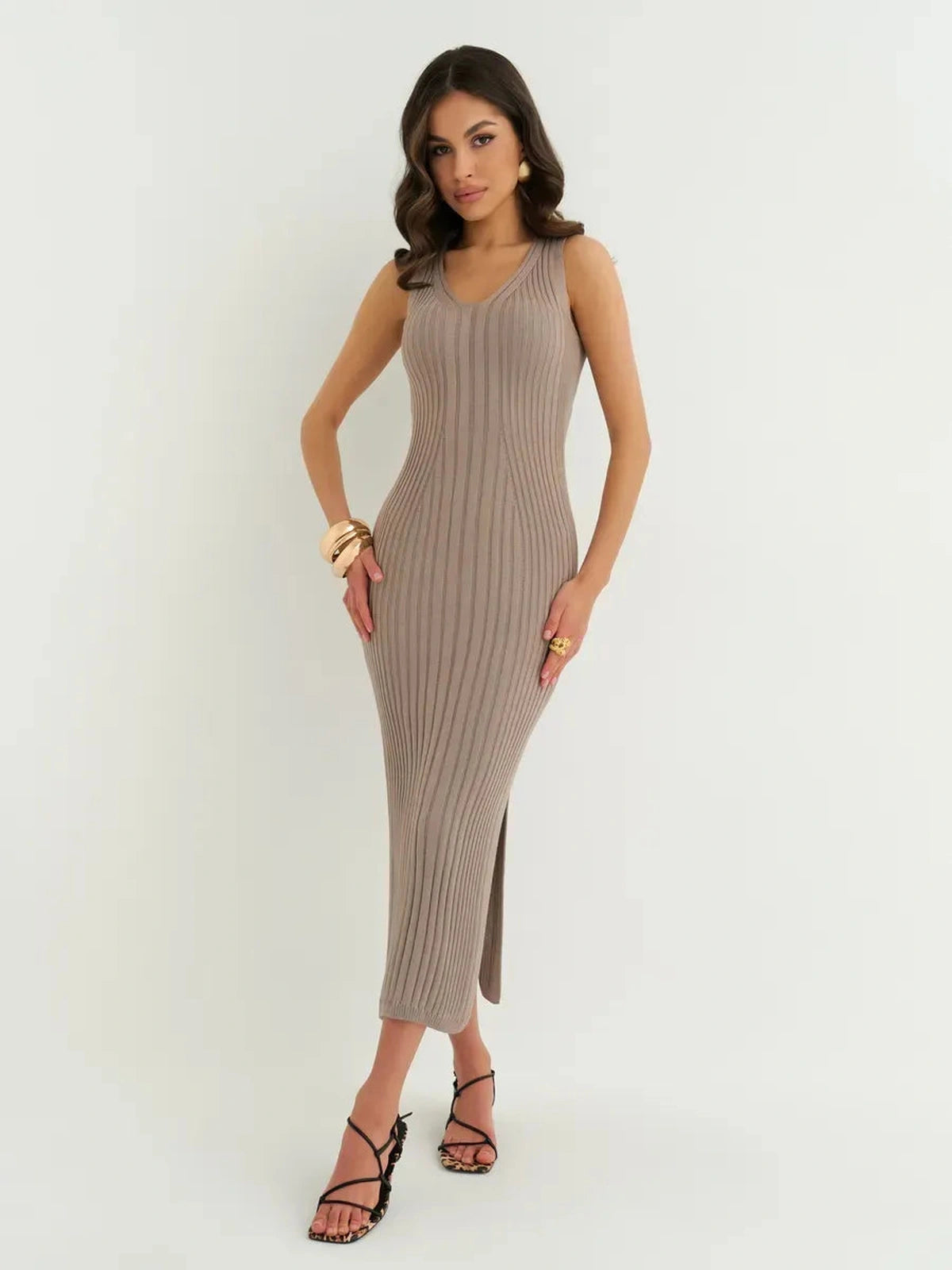 Mocha Midi Dress by Lauven - Sleeveless ribbed knit dress in cappuccino with V-neckline and side slits.