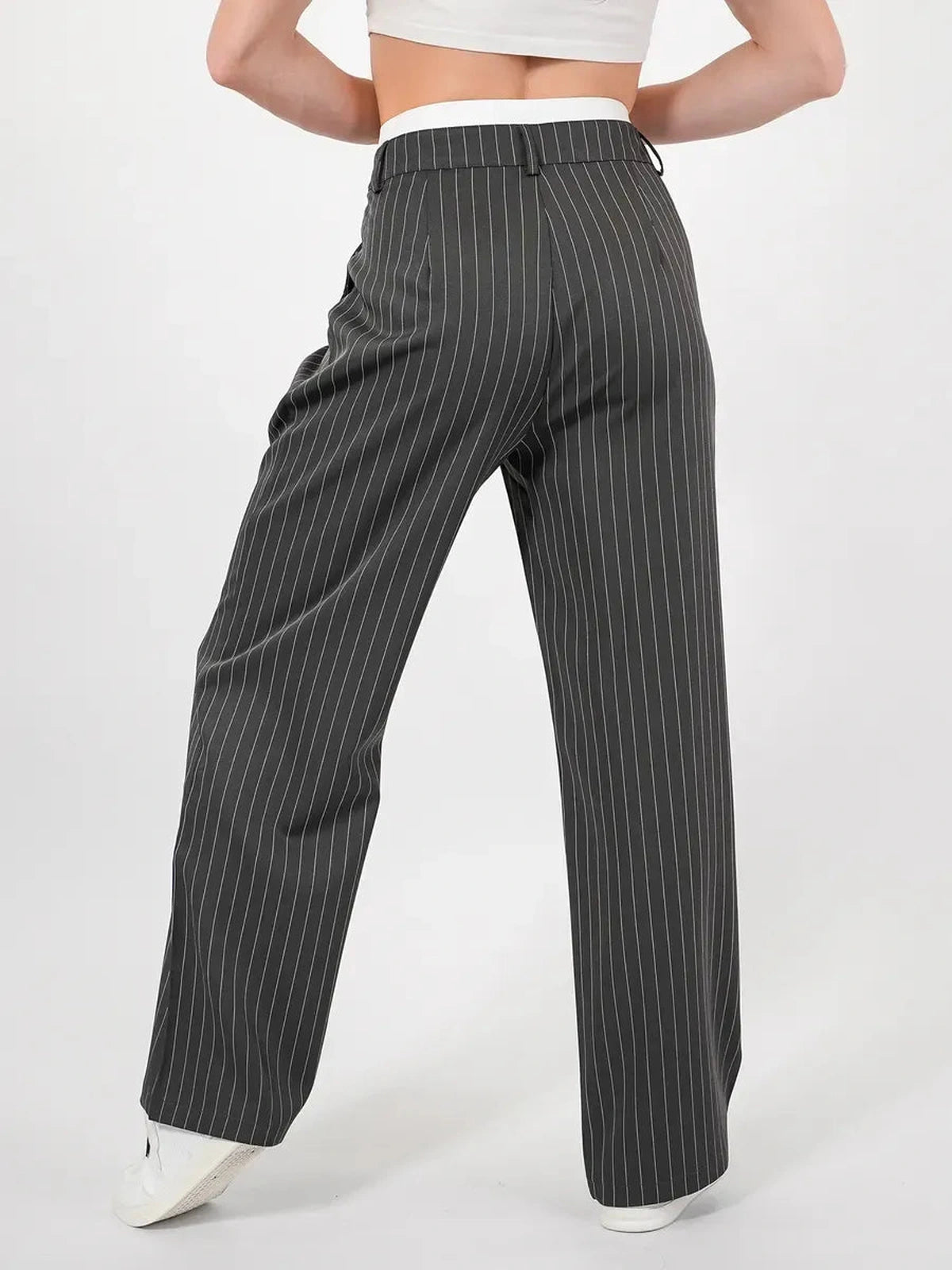 Luna Pants by Lauven—elegant high-waist wide-leg trousers with a subtle pinstripe pattern in gray.