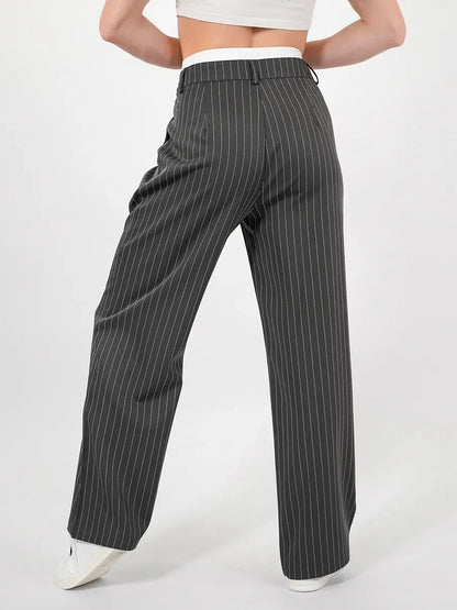 Luna Pants by Lauven—elegant high-waist wide-leg trousers with a subtle pinstripe pattern in gray.
