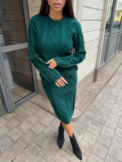 Selene Midi Dress by Lauven, elegant textured knit sweater dress in emerald, perfect for stylish and warm occasions.