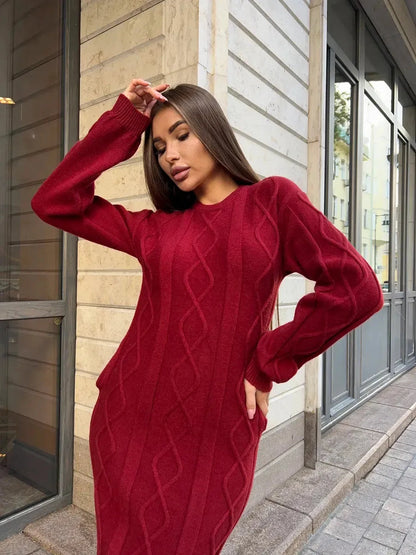 Crimson Midi Dress by Lauven – Cozy textured knit sweater dress in burgundy, perfect for autumn and winter.