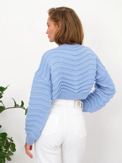 Celeste Sweater by Lauven - Soft sky blue cropped knit with textured wave-knit pattern and relaxed silhouette.