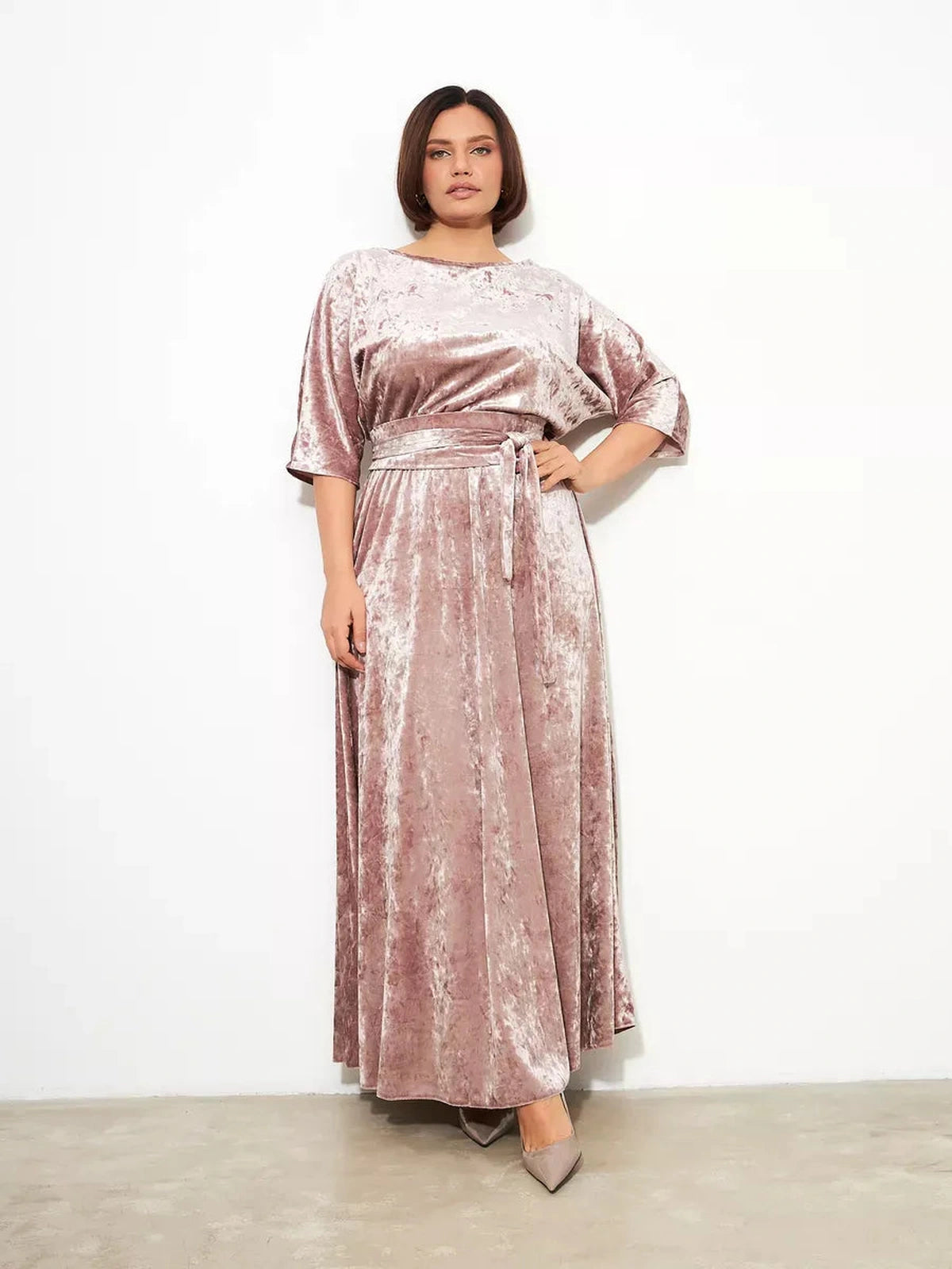 Rosalyn Maxi Dress by Lauven, soft pink velvet A-line evening gown with relaxed fit and adjustable belt.
