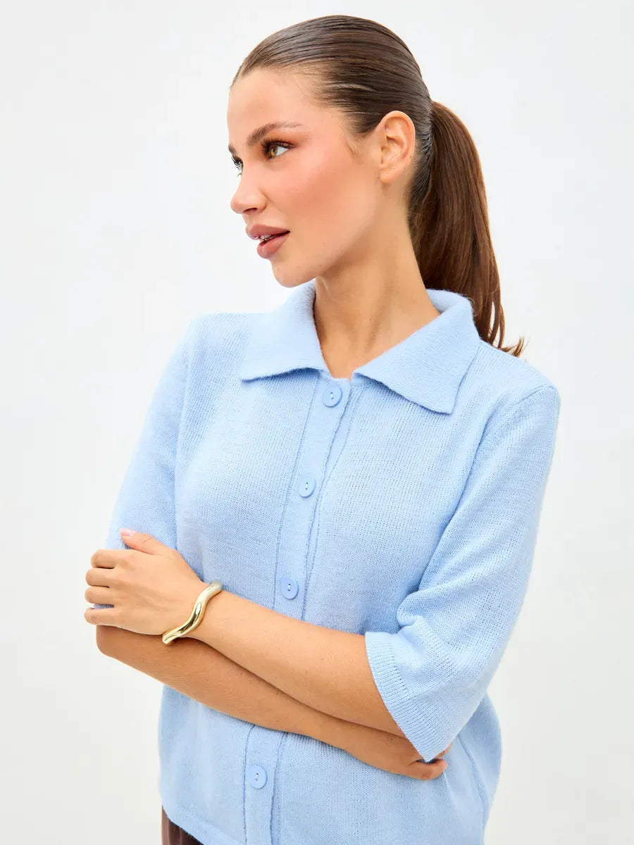 Alba Cardigan by Lauven featuring lightweight blue wool blend knitwear with button closure and relaxed fit.