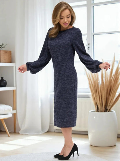 Celeste Midi Dress by Lauven, elegant knit design with balloon sleeves in deep navy melange.