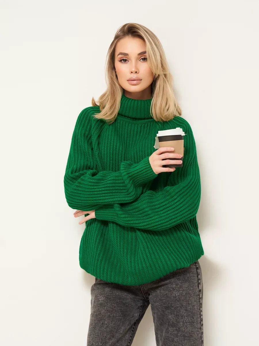 Emerald Sweater by Lauven - Oversized green knitwear with turtleneck, perfect for cozy autumn and winter outfits.