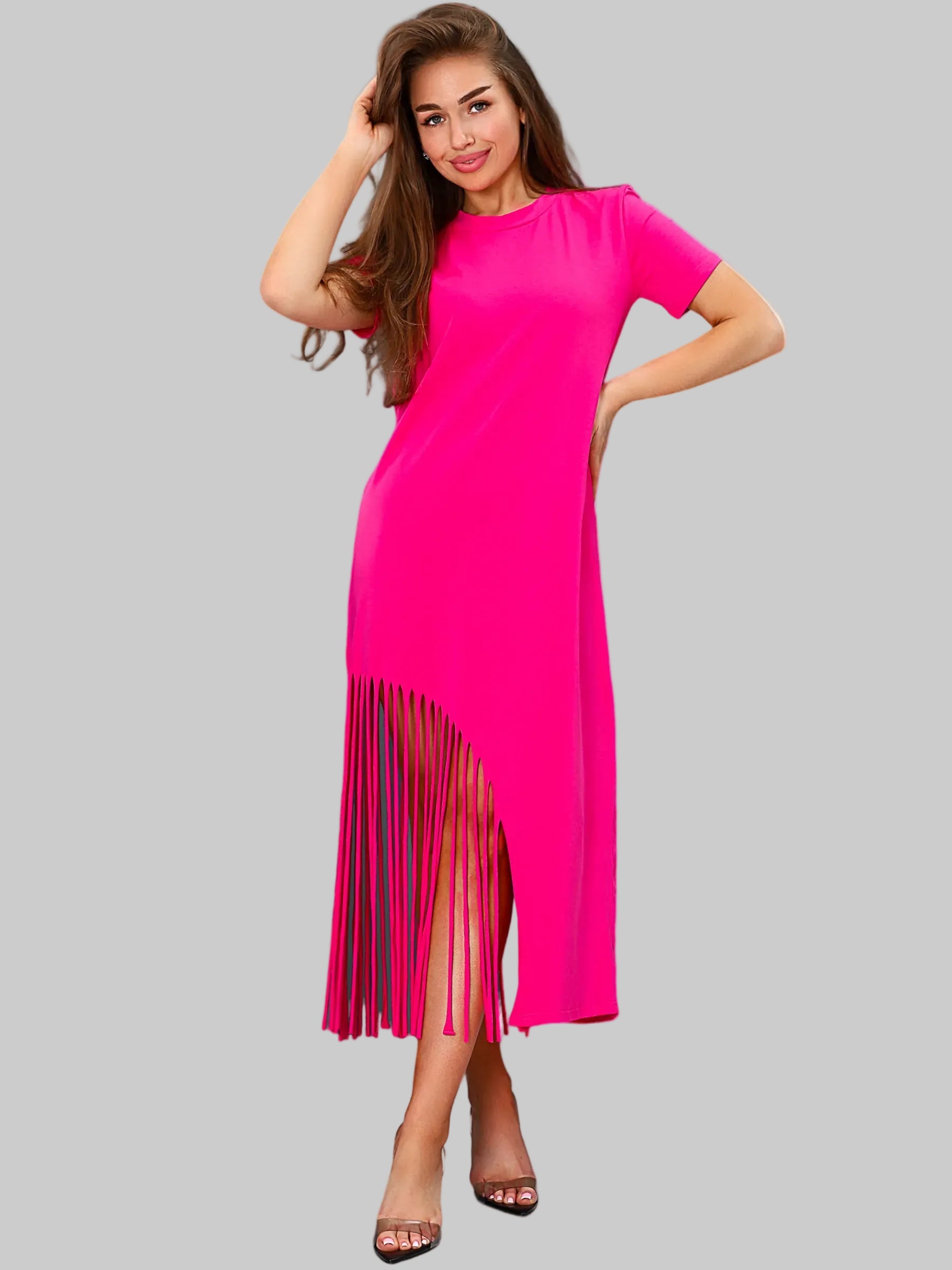 Capri Midi Dress by Lauven in fuchsia cotton jersey with fringe hem, highlighting sophistication and comfort.