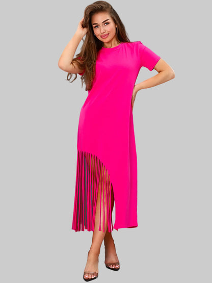 Capri Midi Dress by Lauven in fuchsia cotton jersey with fringe hem, highlighting sophistication and comfort.
