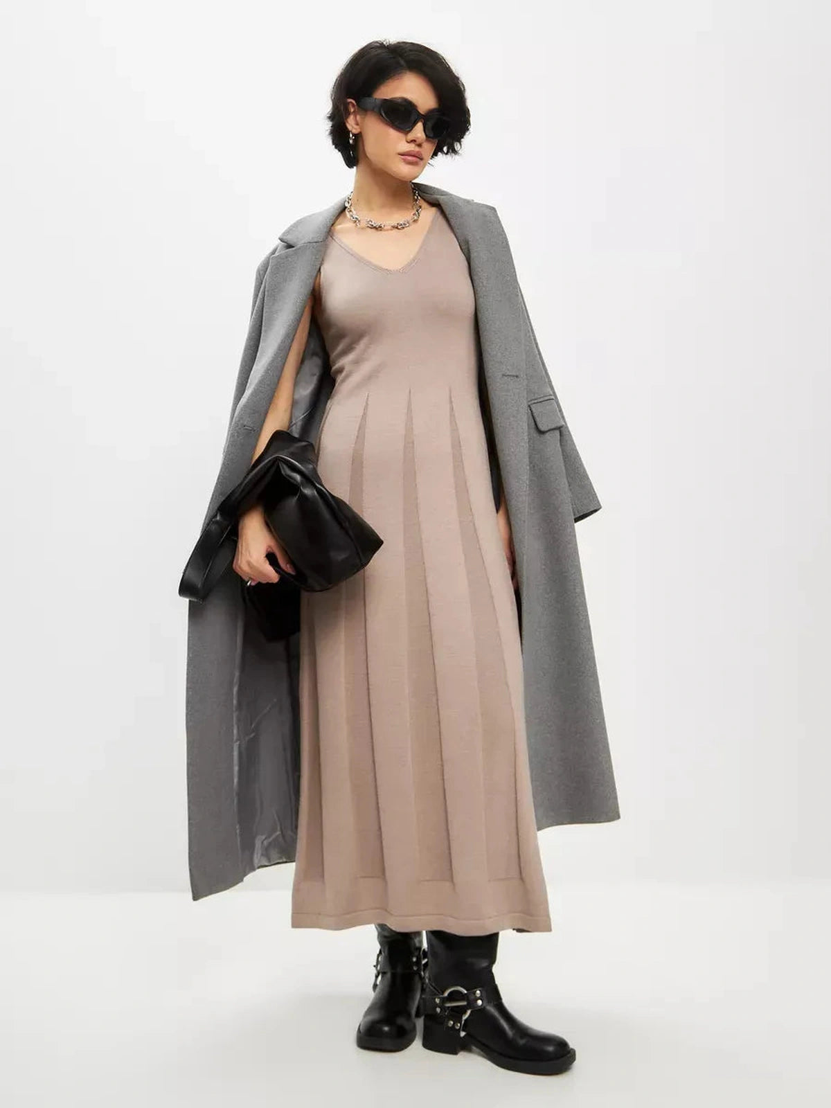 Siena Maxi Dress by Lauven, taupe knit ribbed dress with elegant V-neckline and stylish coat.