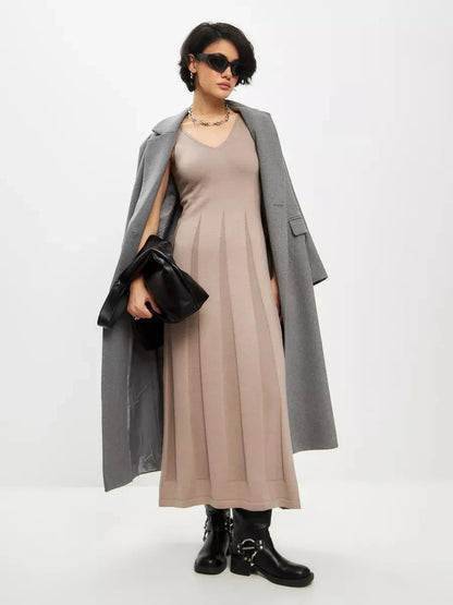 Siena Maxi Dress by Lauven, taupe knit ribbed dress with elegant V-neckline and stylish coat.
