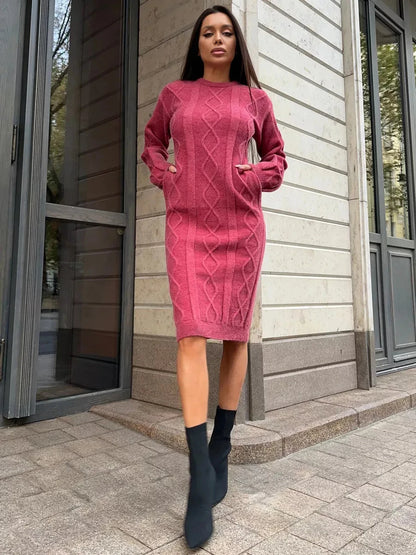 Berry Midi Dress by Lauven in rich berry color, featuring textured knit design and stylish pocket details.