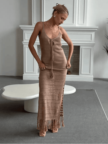 Calysta Maxi Dress by Lauven showcasing soft knit texture and side-slit elegance in a refined beige tone.