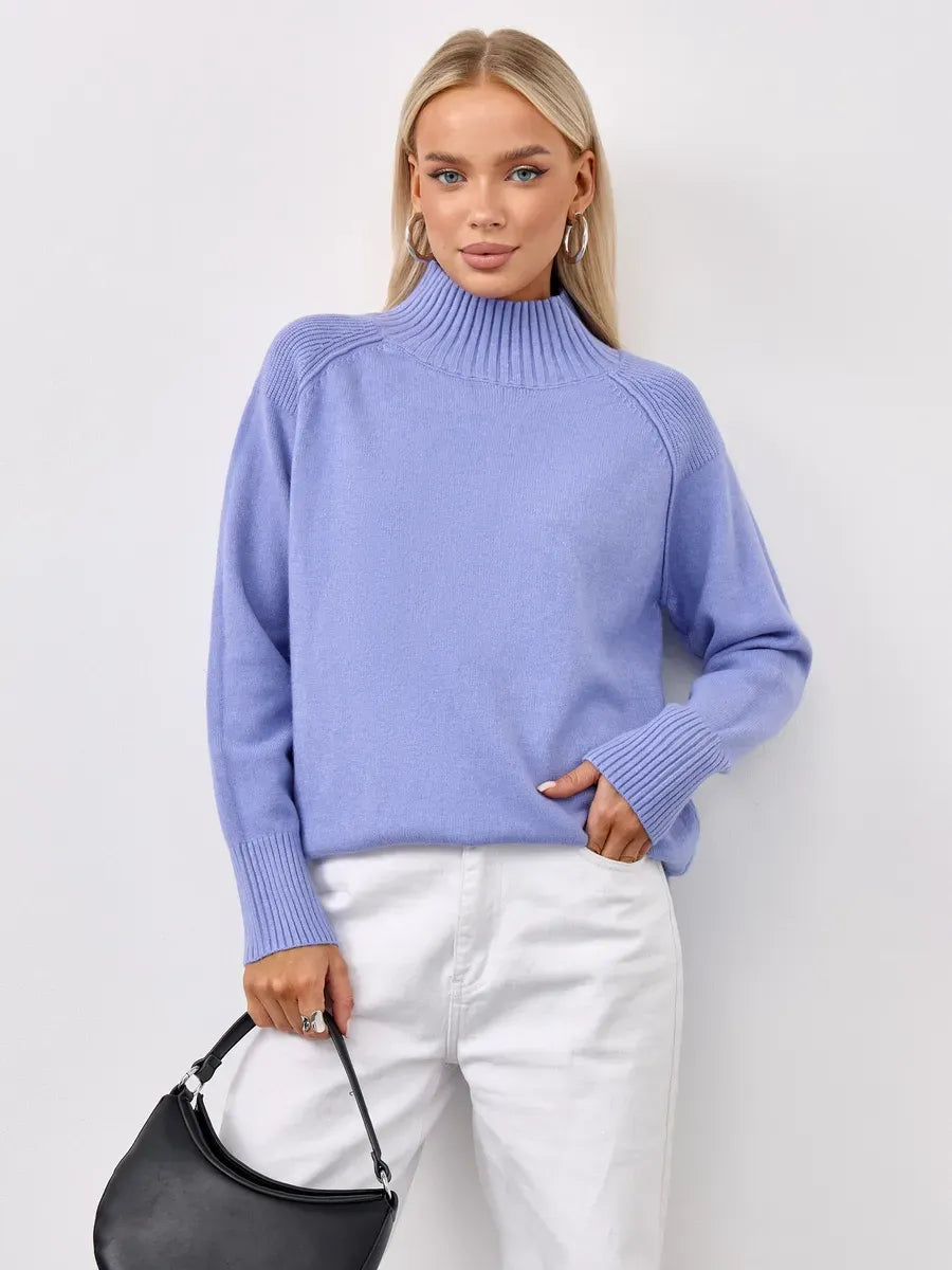 Lilac Sweater by Lauven - Oversized lavender cashmere knitwear with high neck for women's cozy style.