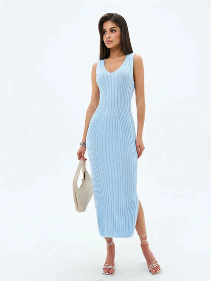 Celeste Midi Dress by Lauven in soft blue ribbed knit, featuring a V-neckline and body-hugging silhouette.