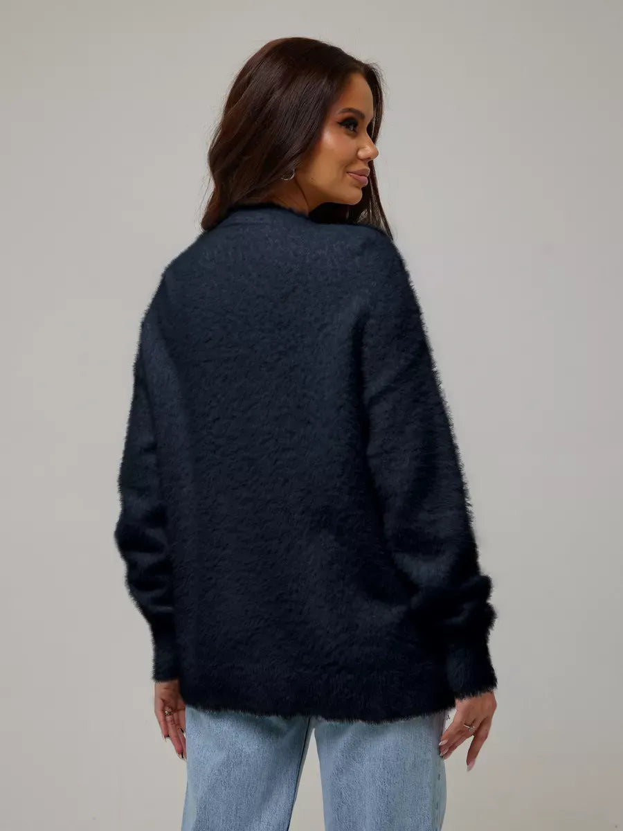 Obsidian Cardigan by Lauven, plush black oversized knitwear with button closure, perfect for stylish women.