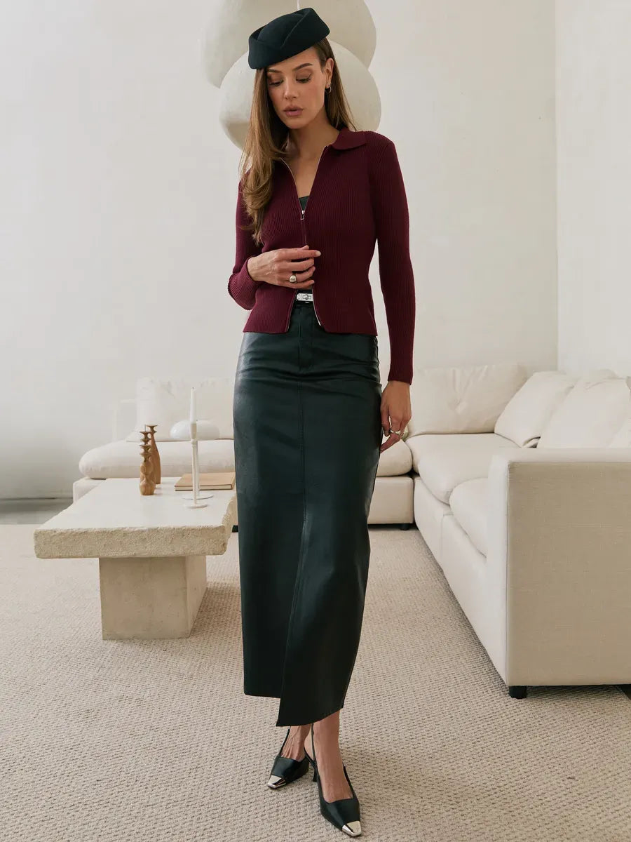 Arden Cardigan by Lauven in wine red ribbed knit, styled with a black leather skirt and chic accessories.