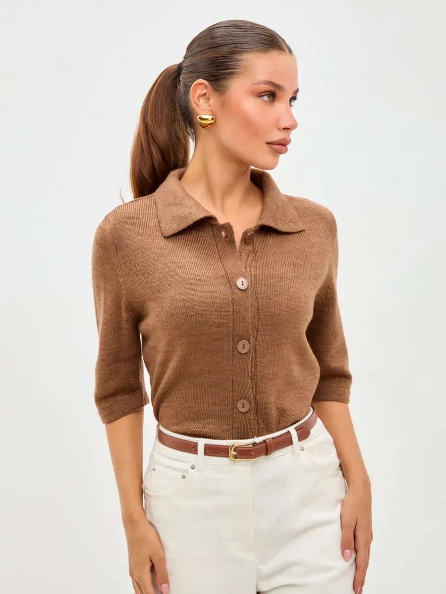 Marin Cardigan by Lauven, lightweight brown wool blend knitwear with button closure and short sleeves.