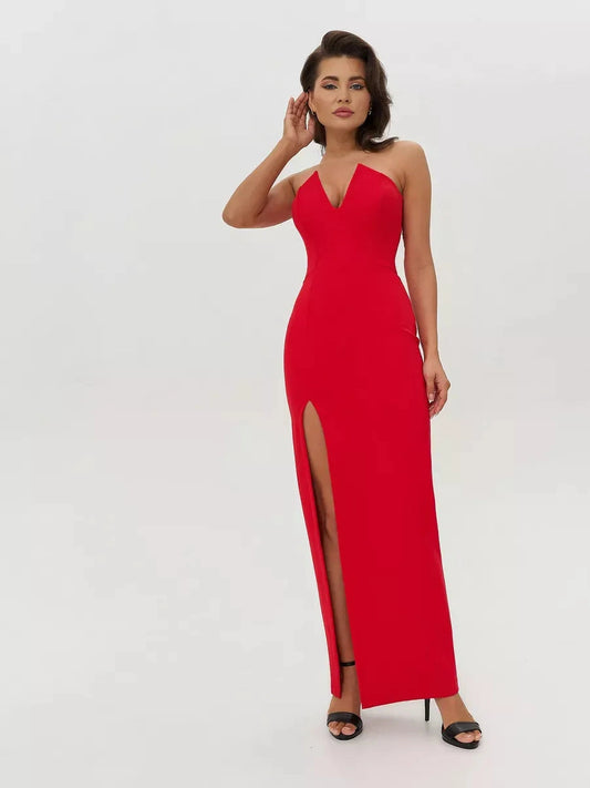 Marvella Maxi Dress by Lauven - Bold strapless design, sculpted fit, and front slit elegance in vivid red.