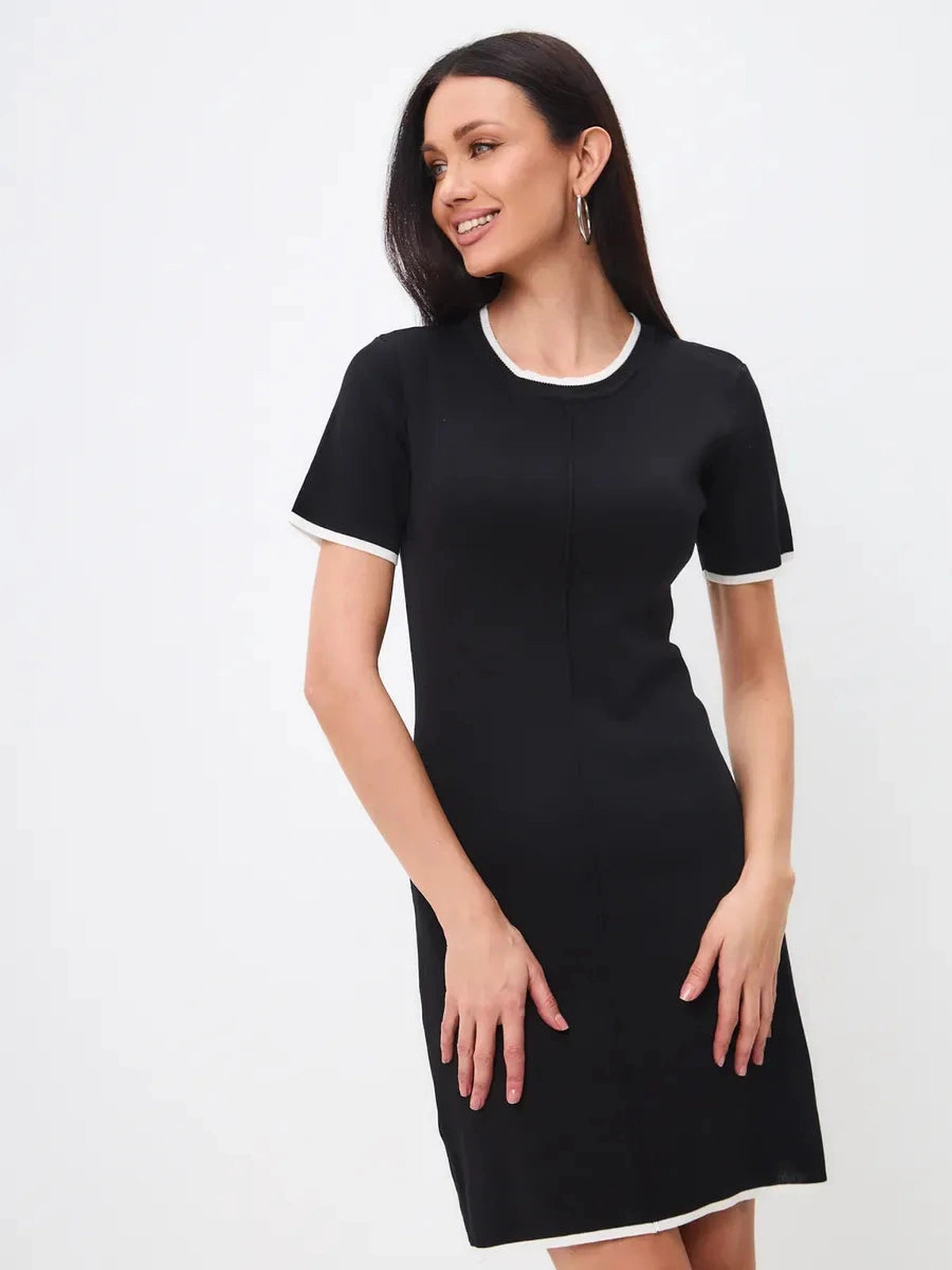 Solara Mini Dress by Lauven, women's sleek black mini dress with contrast trim and breathable knit fabric.