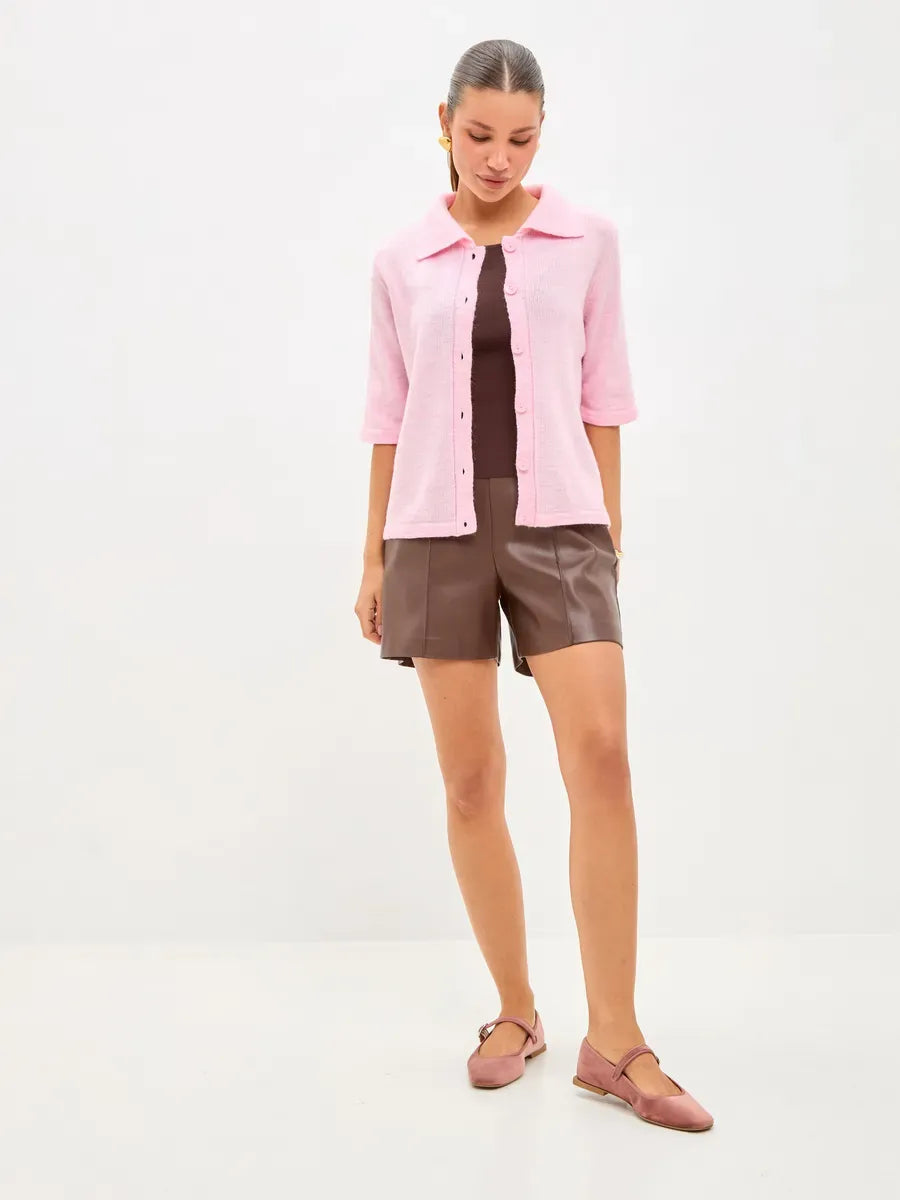 Vera Cardigan by Lauven in lightweight pink wool blend, styled with brown shorts and casual shoes.