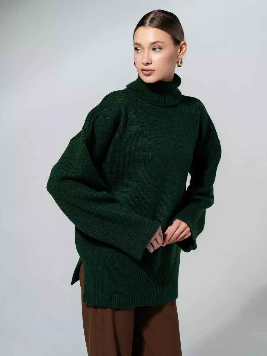 Lyra Sweater by Lauven, luxurious oversized green knitwear with turtleneck, perfect for cooler seasons.