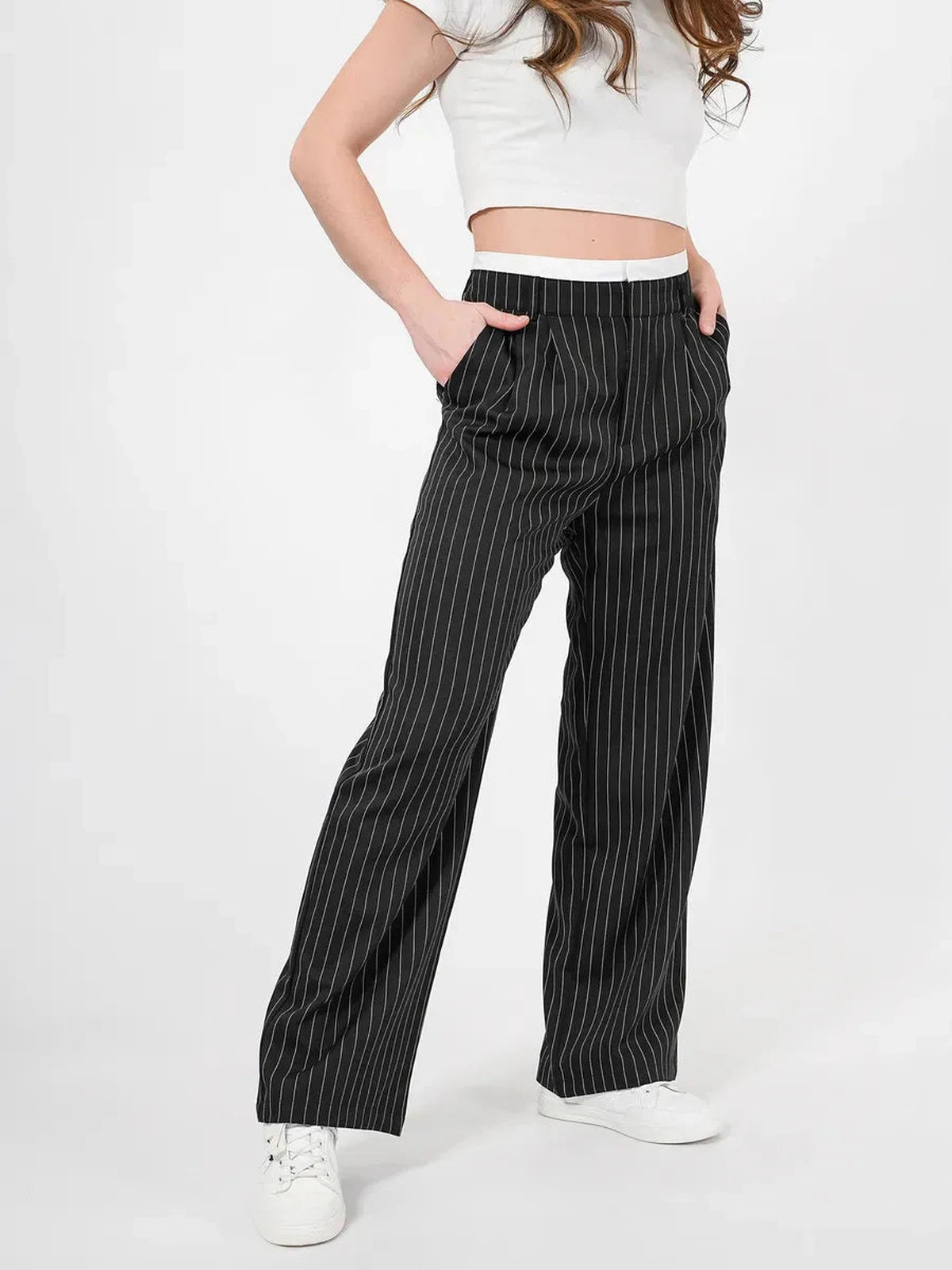 Orion Pinstripe Pants by Lauven, featuring a high-waist wide-leg tailored silhouette with elegant pinstripes.