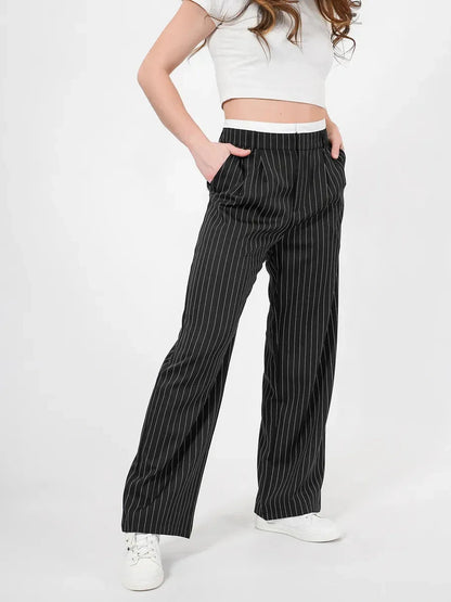 Orion Pinstripe Pants by Lauven, featuring a high-waist wide-leg tailored silhouette with elegant pinstripes.