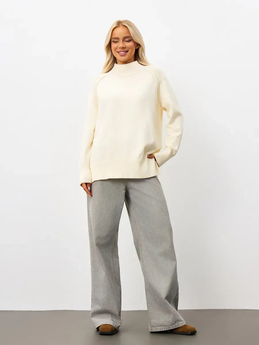 Liora Sweater by Lauven - Oversized milk white cashmere knitwear with high neck, perfect for comfort and style.