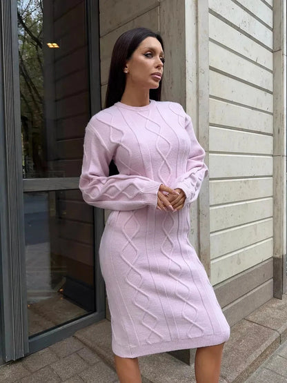 Luna Midi Dress by Lauven in soft pink textured knit, offering elegance and comfort for versatile wear.
