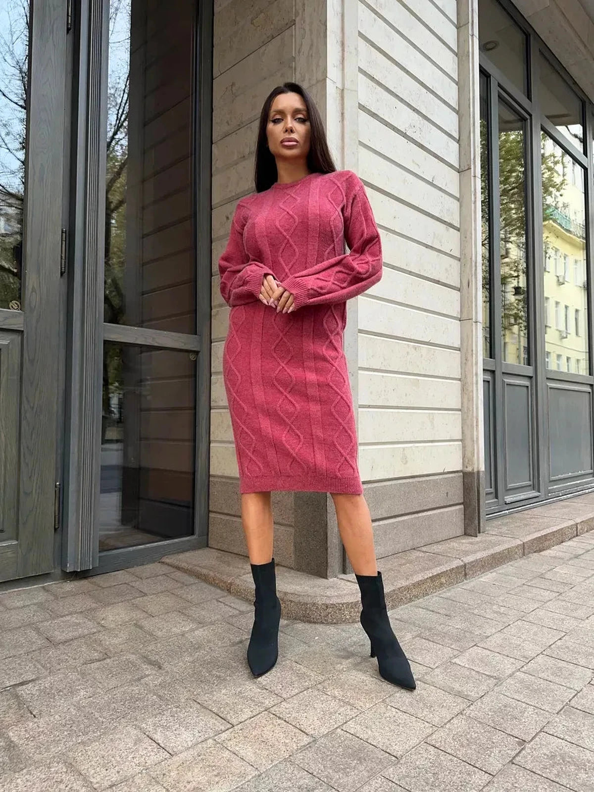 Berry Midi Dress by Lauven – Elegant textured knit sweater dress in rich berry color, perfect for any occasion.