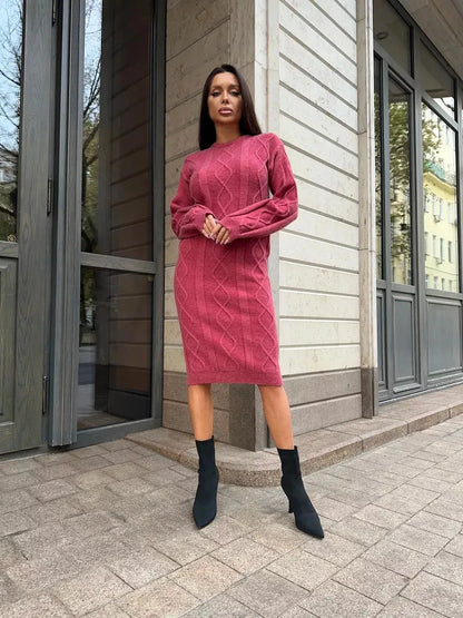 Berry Midi Dress by Lauven – Elegant textured knit sweater dress in rich berry color, perfect for any occasion.
