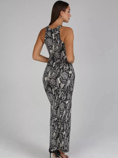 Nerine Maxi Dress by Lauven featuring a bold snakeskin print and elegant side slit, showcasing a body-hugging silhouette.