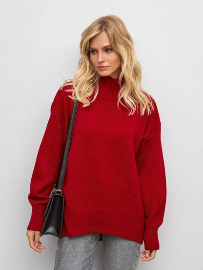 Sienna Sweater by Lauven, an oversized women's knit turtleneck in deep red, perfect for stylish layering.
